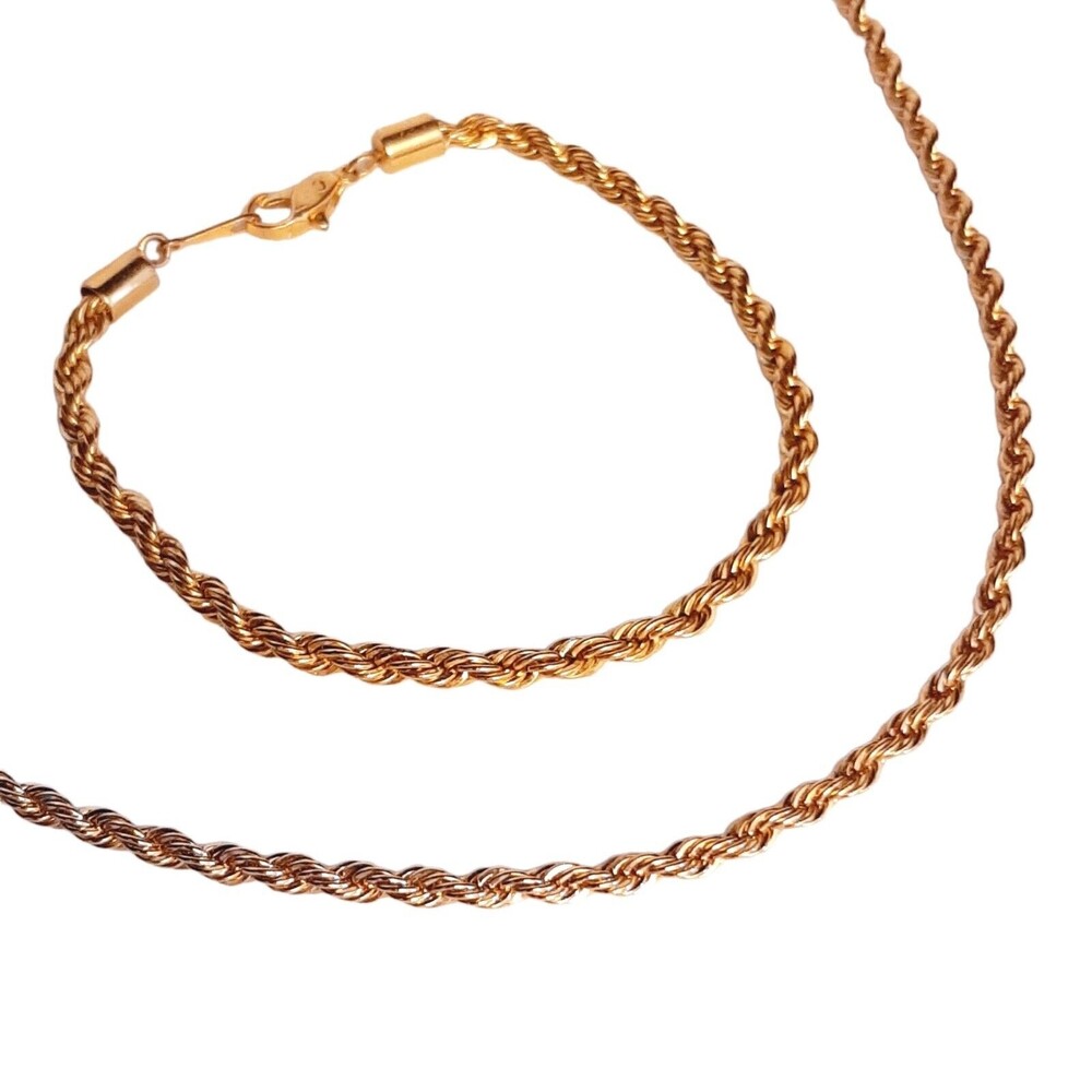 Fashion Korean Twisted Link Chain Bracelet and Necklace Set Gold Tone